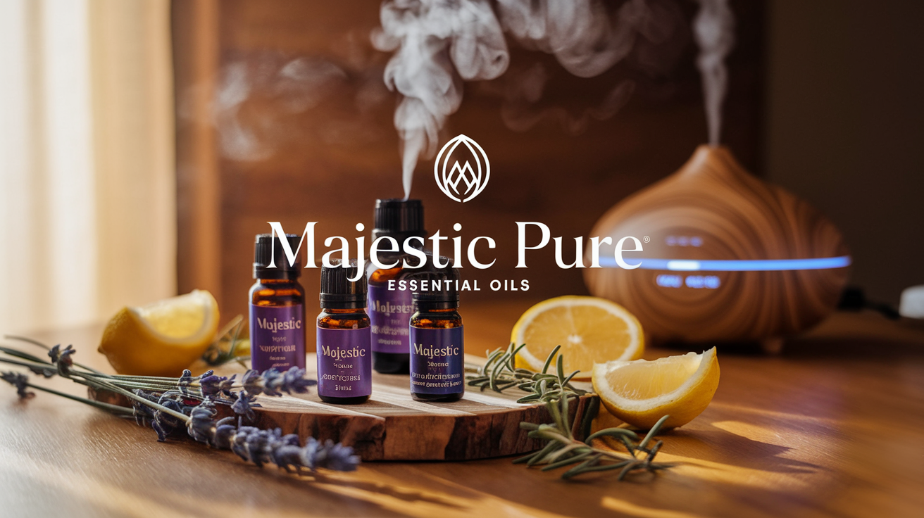 A bottle of Majestic Pure essential oil with natural ingredients in the background, representing a guide to its uses and health benefits.